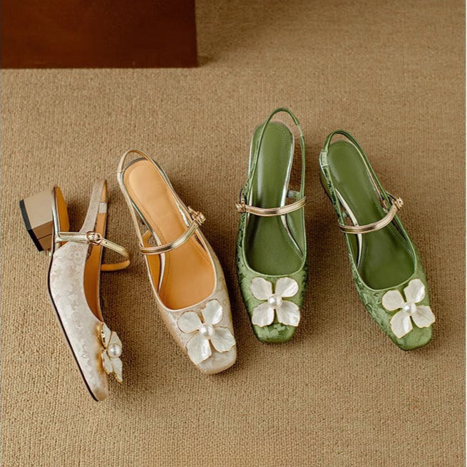 Women's Floral Slingback Pumps with Square Toe and Block Heel