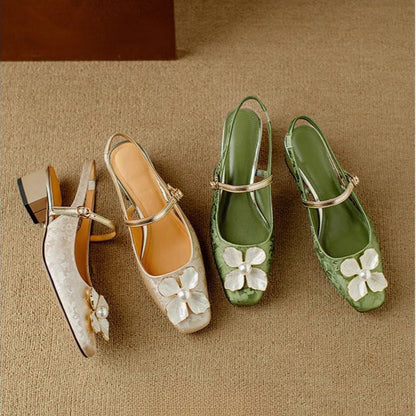 Women's Floral Slingback Pumps with Square Toe and Block Heel