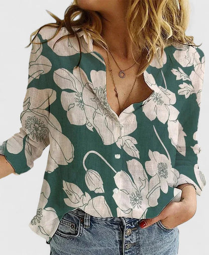 Women's Button Down Shirt with Lapel Collar and Linen Fabric