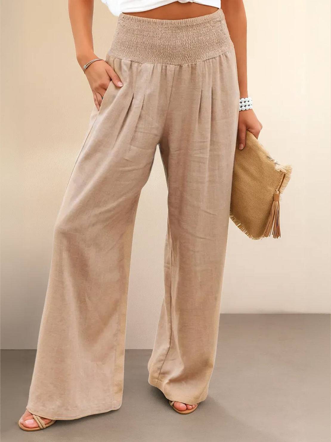 Hadley | High Waist Wide Leg Trousers with Smocked Waist and Relaxed Fit