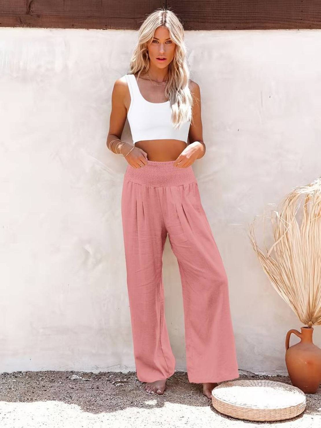 Hadley | High Waist Wide Leg Trousers with Smocked Waist and Relaxed Fit