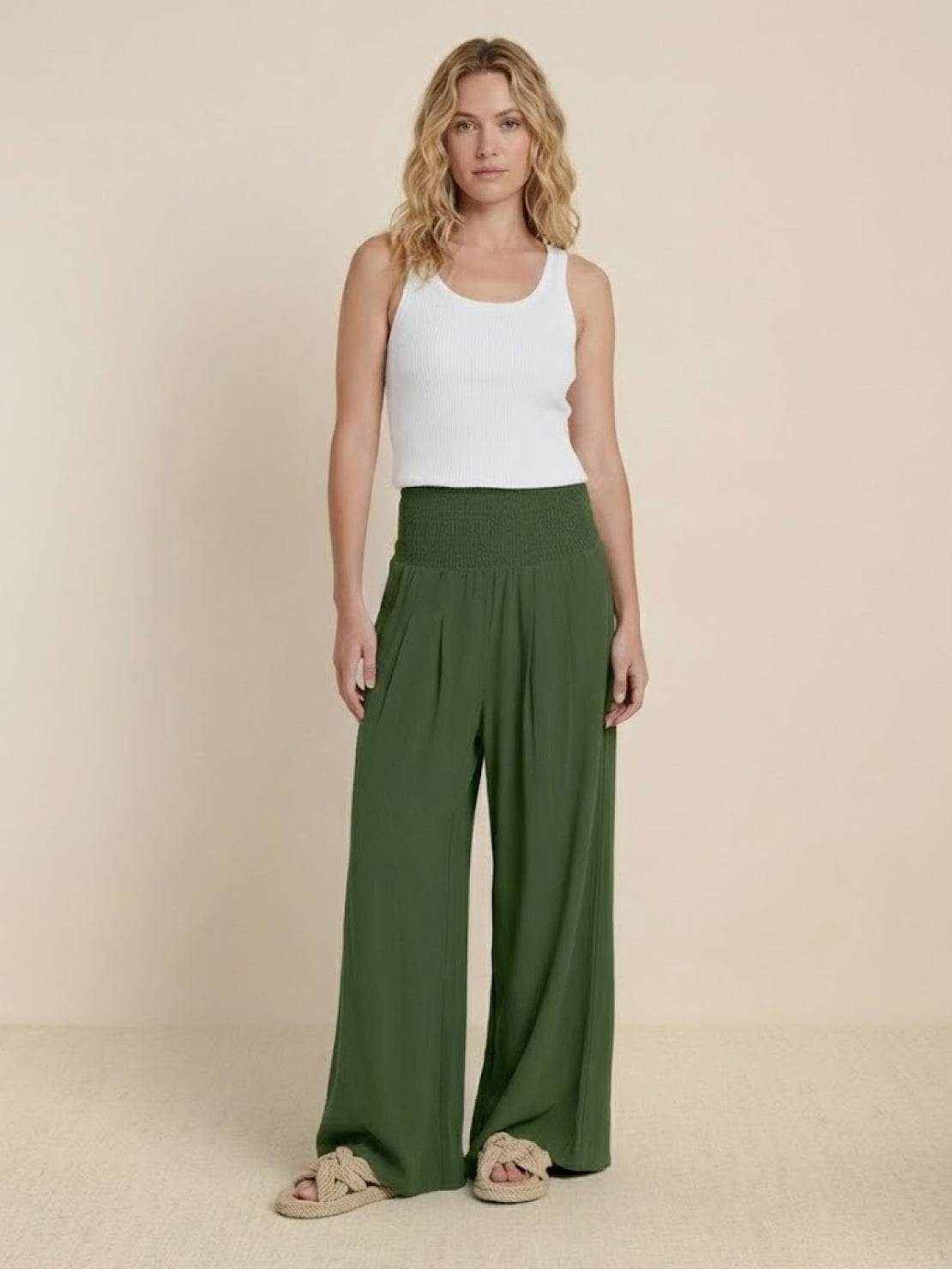 Hadley | High Waist Wide Leg Trousers with Smocked Waist and Relaxed Fit