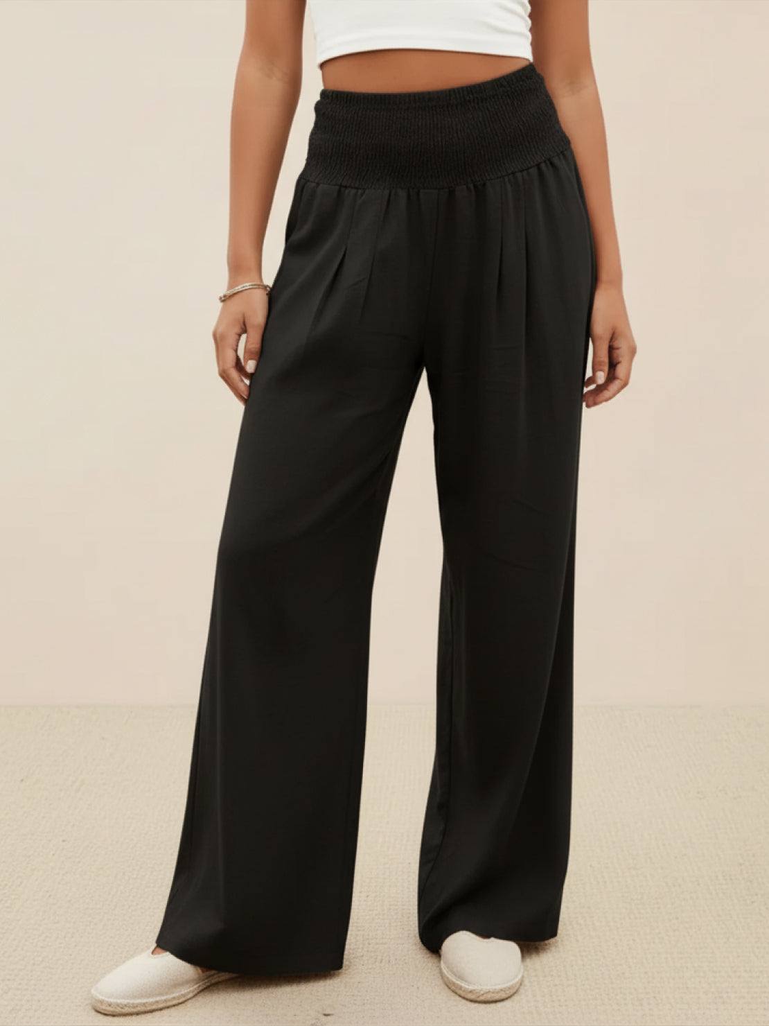 Hadley | High Waist Wide Leg Trousers with Smocked Waist and Relaxed Fit