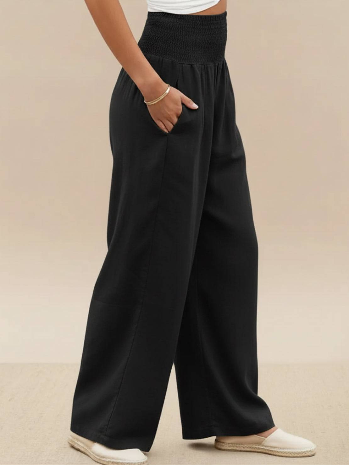 Hadley | High Waist Wide Leg Trousers with Smocked Waist and Relaxed Fit