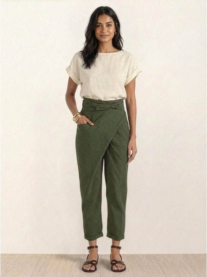 Laurel | Cropped Tapered Trousers with High Waist and Wrap Front