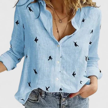 Women's Button Down Shirt with Lapel Collar and Linen Fabric