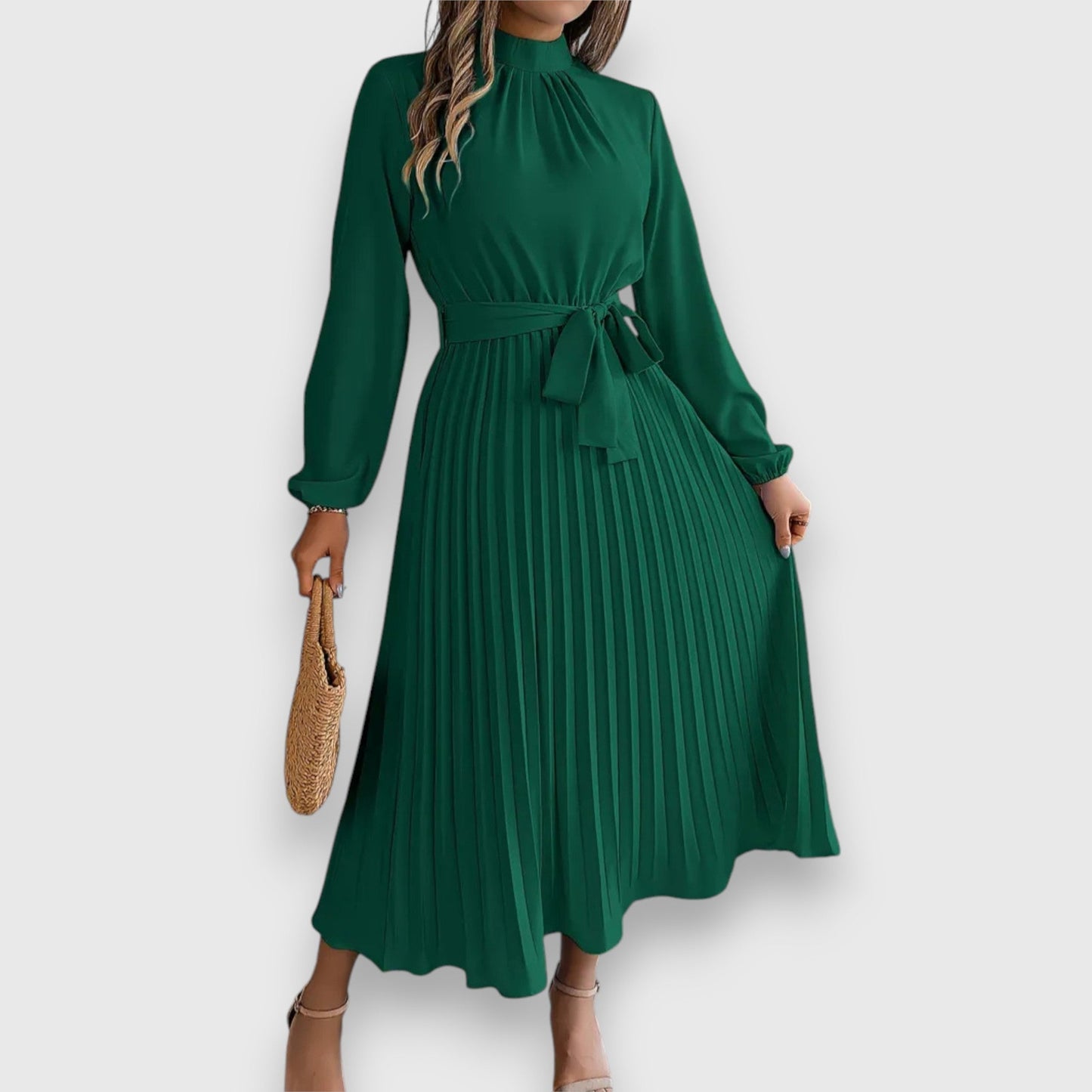 Women's Pleated Midi Dress with Flared Skirt and Sleeveless Design