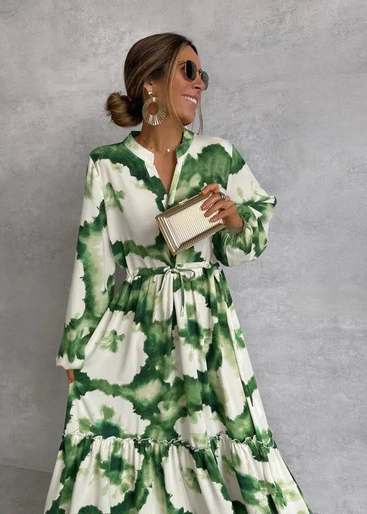 Stylish Green And White Tie-Dye Belted Long Sleeve Tiered Ruffle Maxi Dress