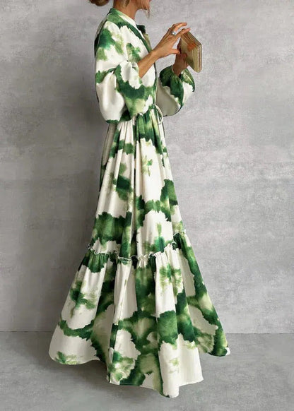Stylish Green And White Tie-Dye Belted Long Sleeve Tiered Ruffle Maxi Dress