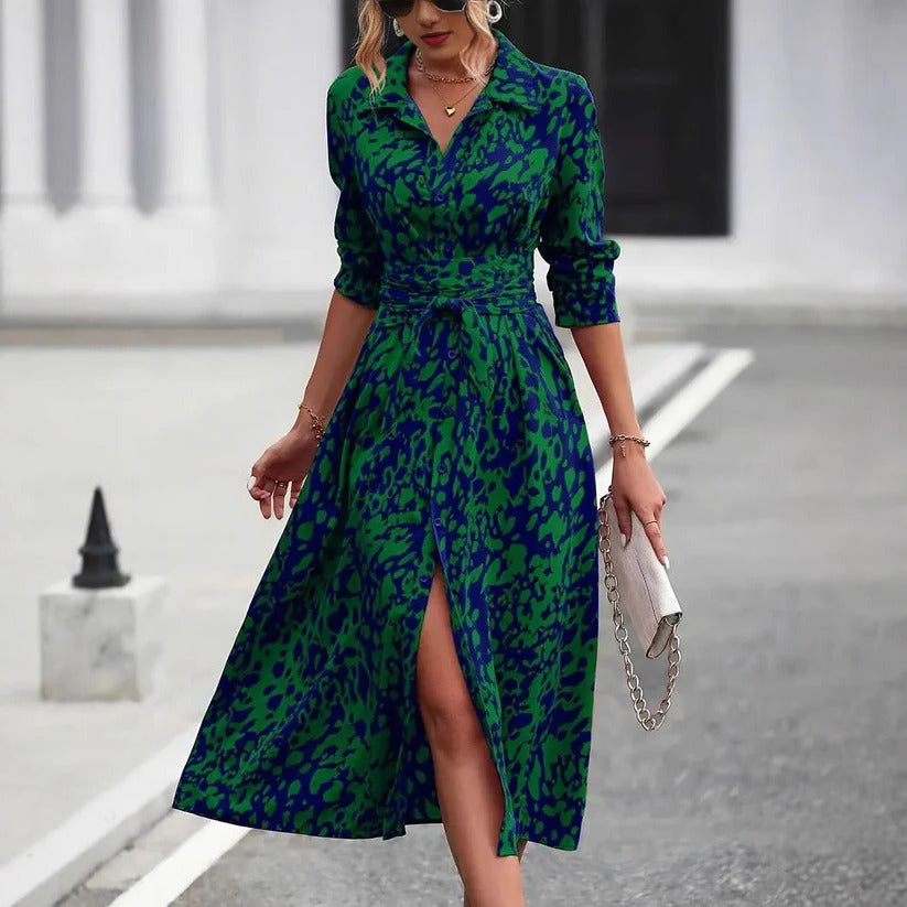 Statement-Making Crimson-Blue Abstract-Print Button-Down Belted Midi Shirt Dress