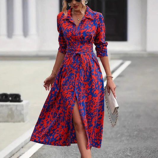 Statement-Making Crimson-Blue Abstract-Print Button-Down Belted Midi Shirt Dress