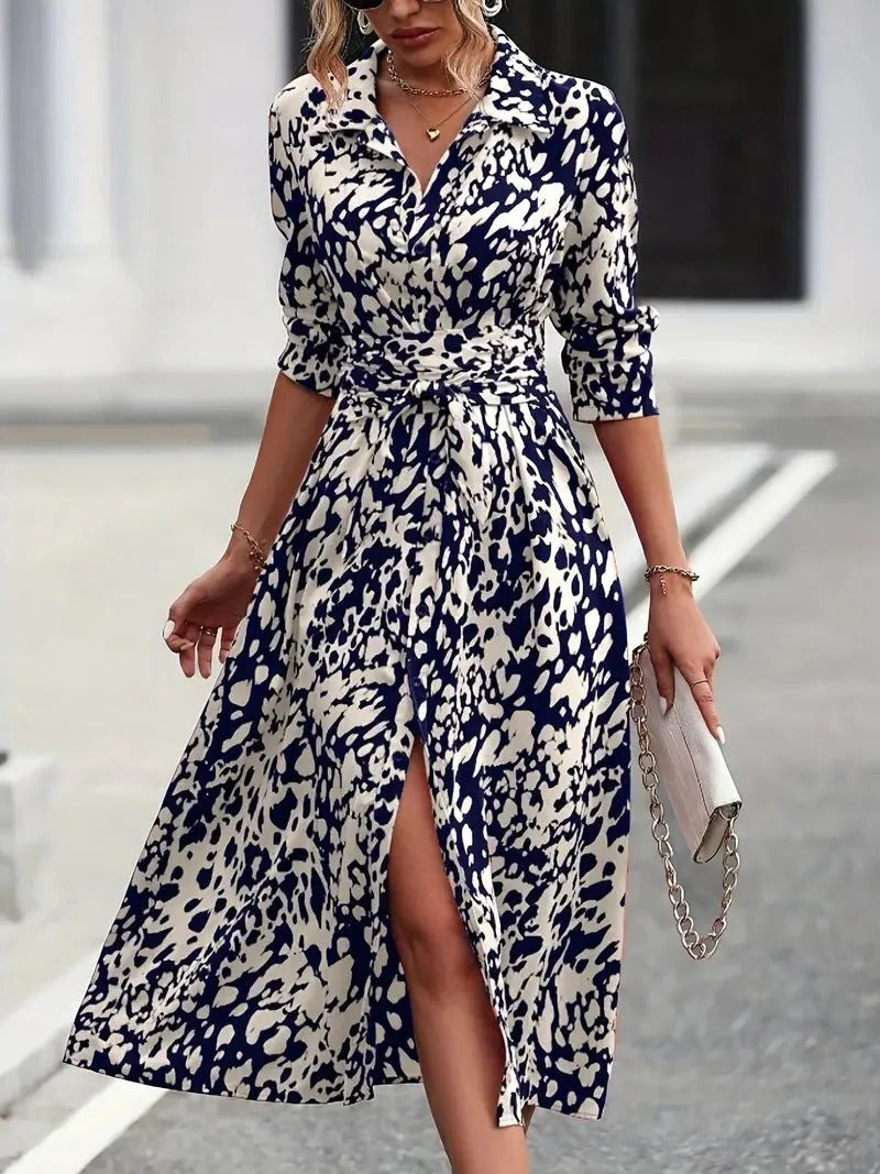 Statement-Making Crimson-Blue Abstract-Print Button-Down Belted Midi Shirt Dress