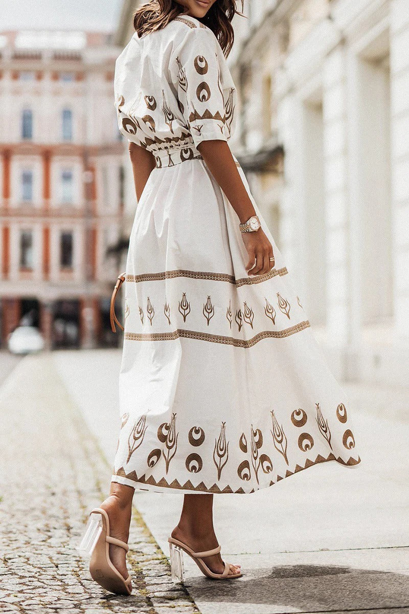 Luxuriously Boho Print Georgette Cinched Waist With Flowing Silhouette Midi Dress