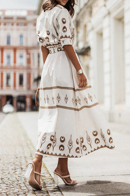 Luxuriously Boho Print Georgette Cinched Waist With Flowing Silhouette Midi Dress