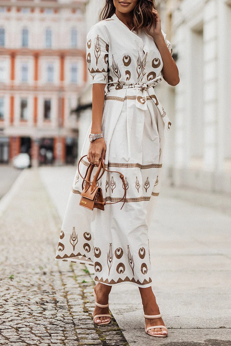 Luxuriously Boho Print Georgette Cinched Waist With Flowing Silhouette Midi Dress