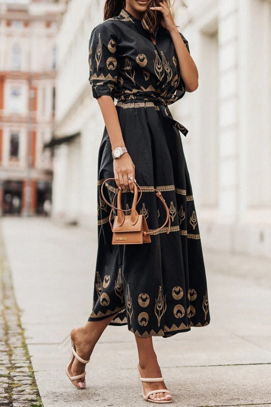 Luxuriously Boho Print Georgette Cinched Waist With Flowing Silhouette Midi Dress