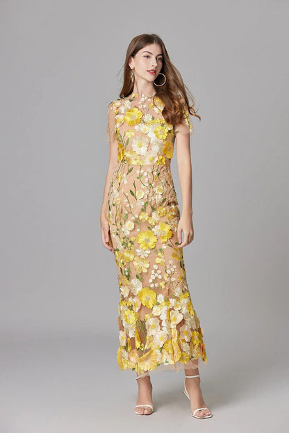 Women’s Sheer Mesh Maxi Dress – Elegant 3D Floral Handcrafted Appliqué Luxury Dress