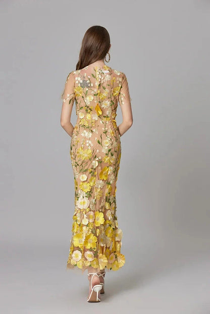 Women’s Sheer Mesh Maxi Dress – Elegant 3D Floral Handcrafted Appliqué Luxury Dress