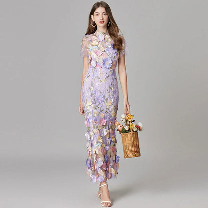 Women’s Sheer Mesh Maxi Dress – Elegant 3D Floral Handcrafted Appliqué Luxury Dress
