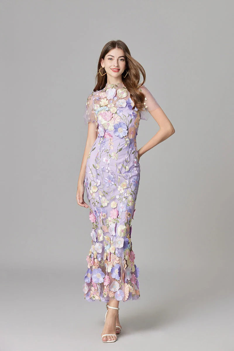 Women’s Sheer Mesh Maxi Dress – Elegant 3D Floral Handcrafted Appliqué Luxury Dress