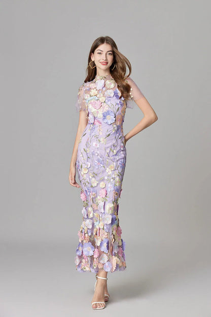 Women’s Sheer Mesh Maxi Dress – Elegant 3D Floral Handcrafted Appliqué Luxury Dress