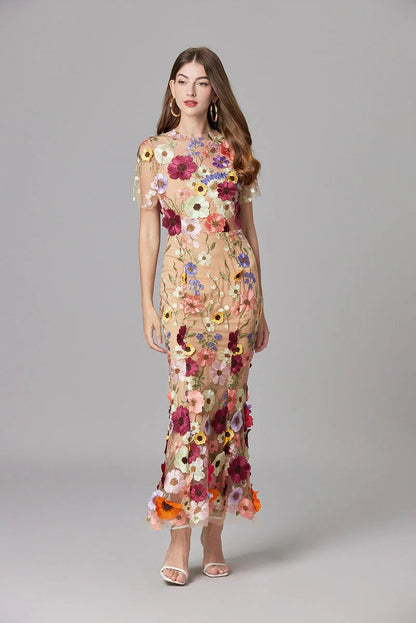 Women’s Sheer Mesh Maxi Dress – Elegant 3D Floral Handcrafted Appliqué Luxury Dress
