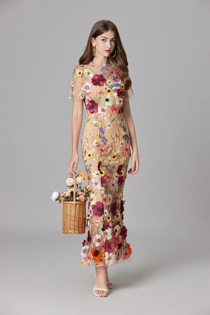 Women’s Sheer Mesh Maxi Dress – Elegant 3D Floral Handcrafted Appliqué Luxury Dress