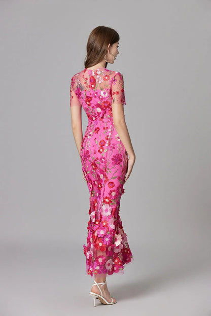 Women’s Sheer Mesh Maxi Dress – Elegant 3D Floral Handcrafted Appliqué Luxury Dress