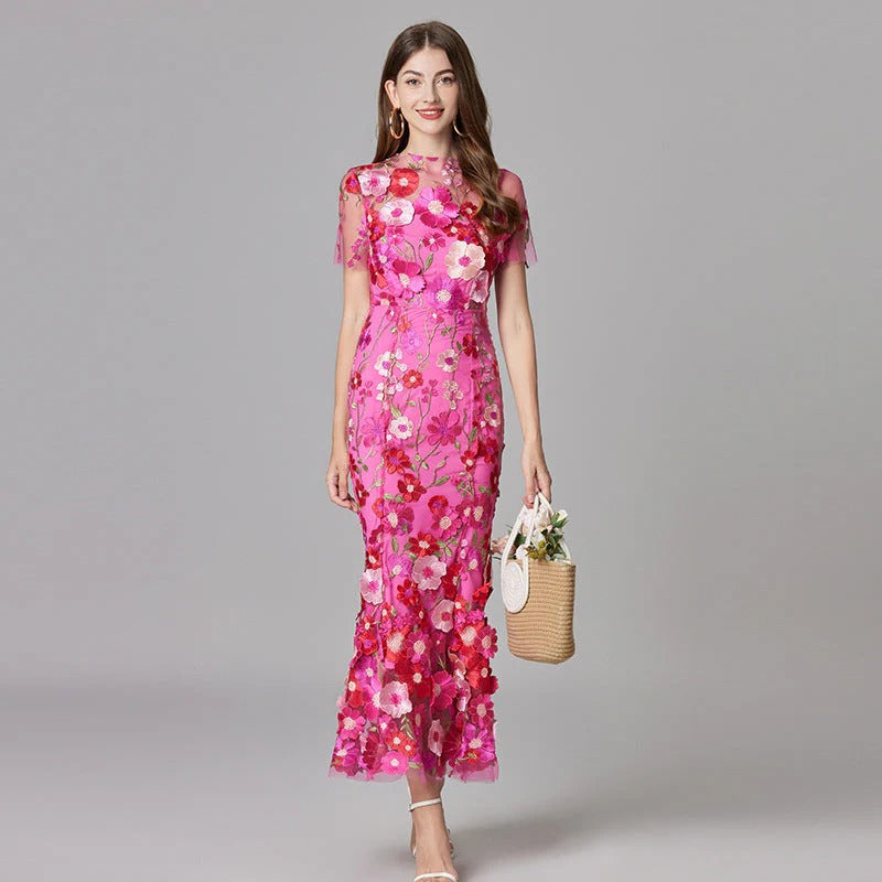 Women’s Sheer Mesh Maxi Dress – Elegant 3D Floral Handcrafted Appliqué Luxury Dress