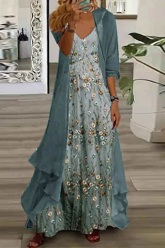 Effortlessly Romantic Layered Cardigan Dusty Teal Floral Print Luxurious Textured Maxi Dress