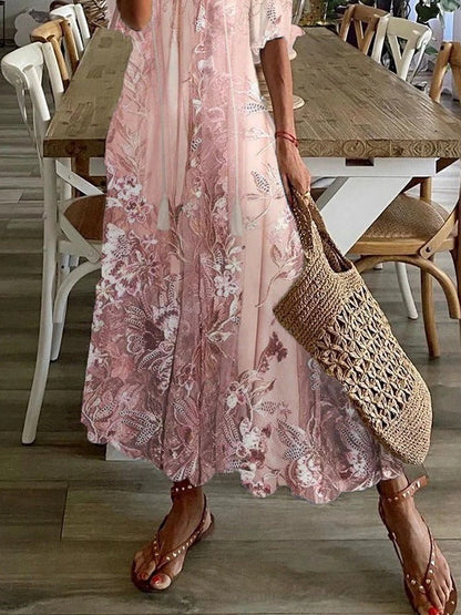 Effortlessly Sophisticated Floral Print Crepe Georgette With Dramatic V-Neck Maxi Dress