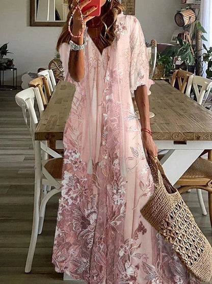 Effortlessly Sophisticated Floral Print Crepe Georgette With Dramatic V-Neck Maxi Dress