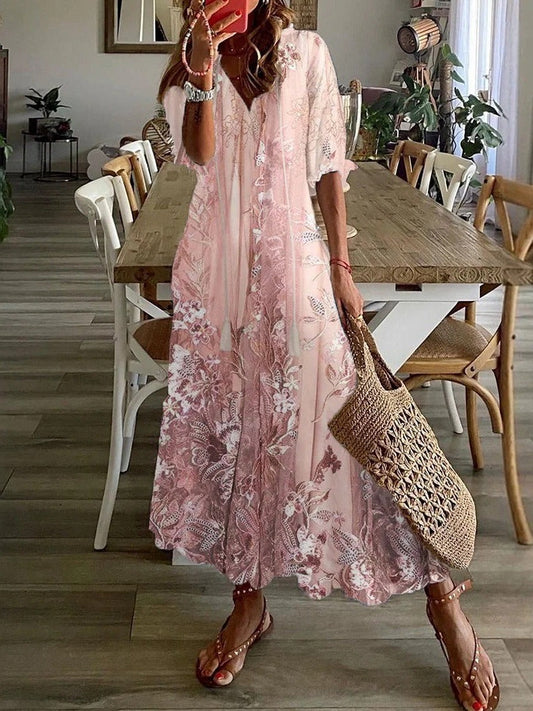 Effortlessly Sophisticated Floral Print Crepe Georgette With Dramatic V-Neck Maxi Dress