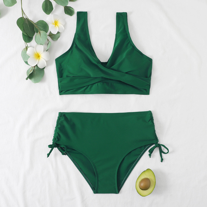 Women's High-Waisted Bikini with Adjustable Straps and Full Coverage