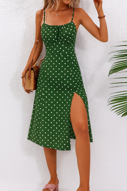 Luxurious Statement Sleeves Polka Dot Pattern Side Slit Midi Dress
