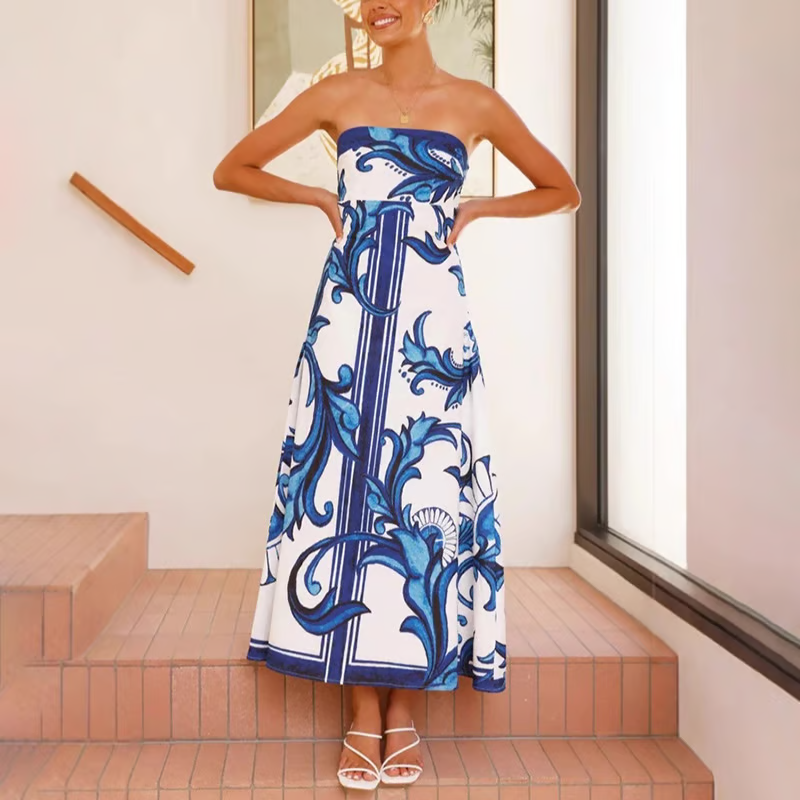 Women's Printed Dress with Flowy Design and Short Sleeves