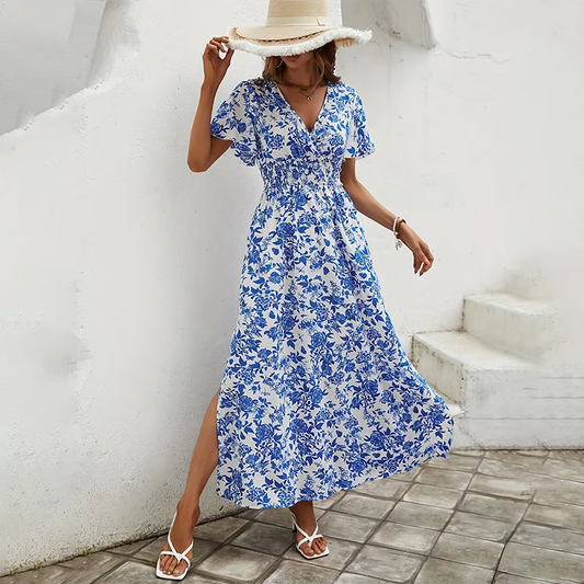 Women's Boho Beach Dress with V Neck and Flowy Design