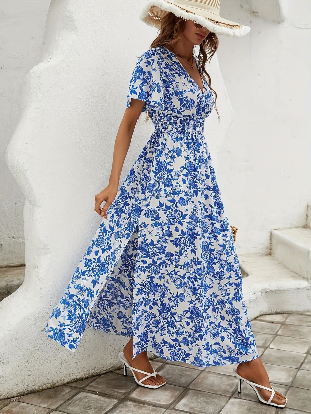 Women's Boho Beach Dress with V Neck and Flowy Design