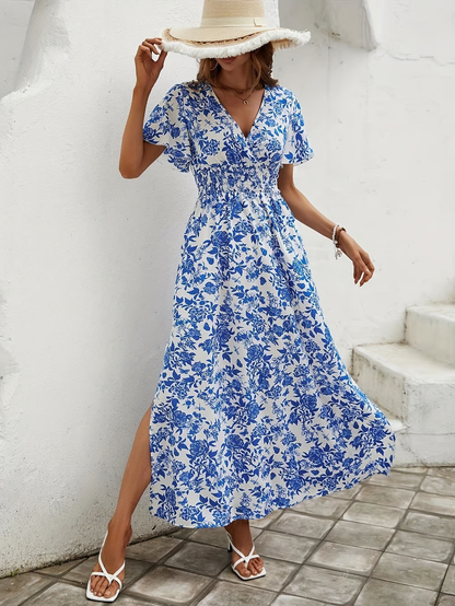 Women's Boho Beach Dress with V Neck and Flowy Design