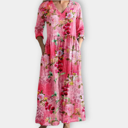 Women's Flattering Elegant Floral V-Neck Flowing Maxi Dress With Effortless Coverage