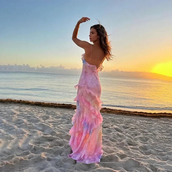 Women’s Watercolor Floral Maxi Dress – Elegant Tiered Ruffle Spaghetti Strap Dress
