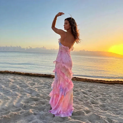 Women’s Watercolor Floral Maxi Dress – Elegant Tiered Ruffle Spaghetti Strap Dress