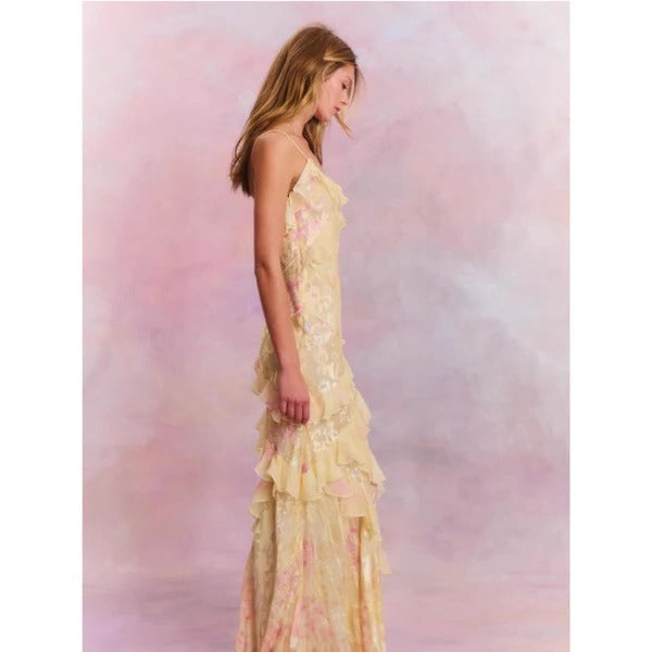 Women’s Watercolor Floral Maxi Dress – Elegant Tiered Ruffle Spaghetti Strap Dress