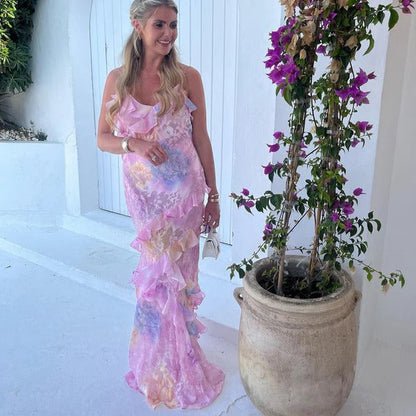 Women’s Watercolor Floral Maxi Dress – Elegant Tiered Ruffle Spaghetti Strap Dress