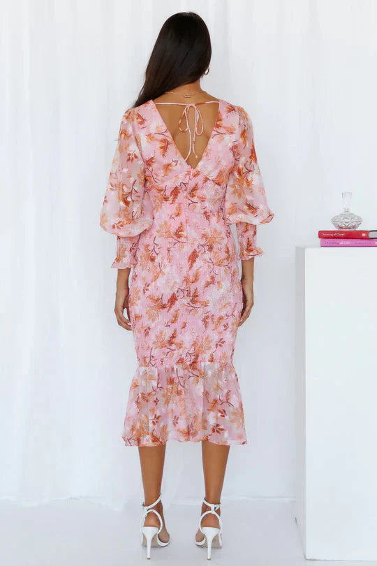Women's Evening Dress with Floral Print and Draped Design