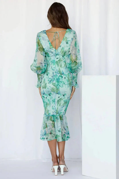 Women's Evening Dress with Floral Print and Draped Design