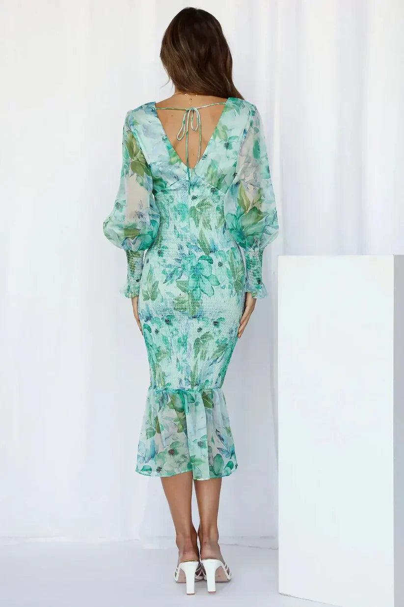 Luxuriously Exquisitely Flowing Floral Patterned Silk Evening Wedding Guest Dress