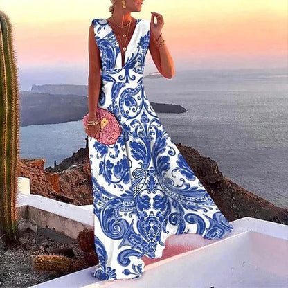 Women’s Tropical Floral Maxi Dress – Deep V-Neck Statement Colorful Print Dress