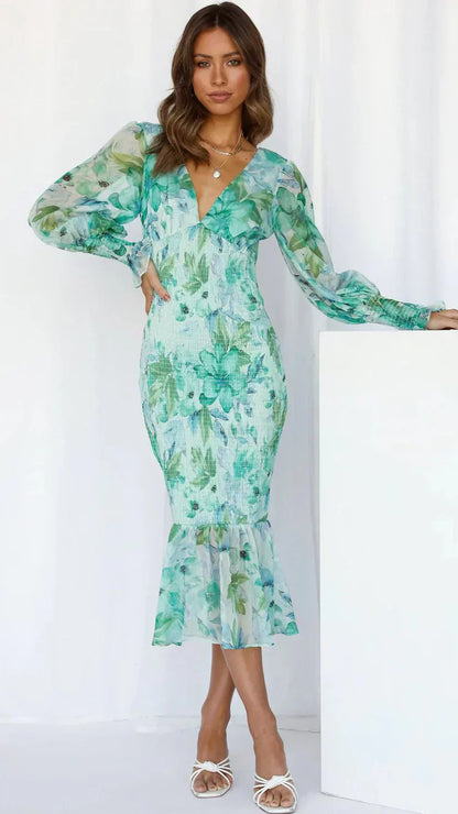 Women's Evening Dress with Floral Print and Draped Design