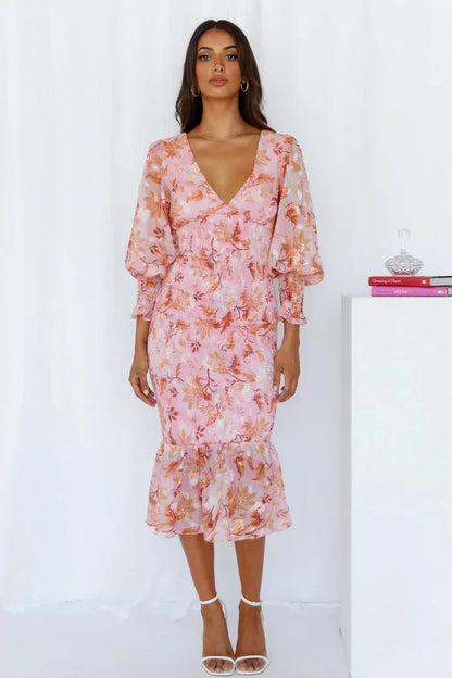Women's Evening Dress with Floral Print and Draped Design